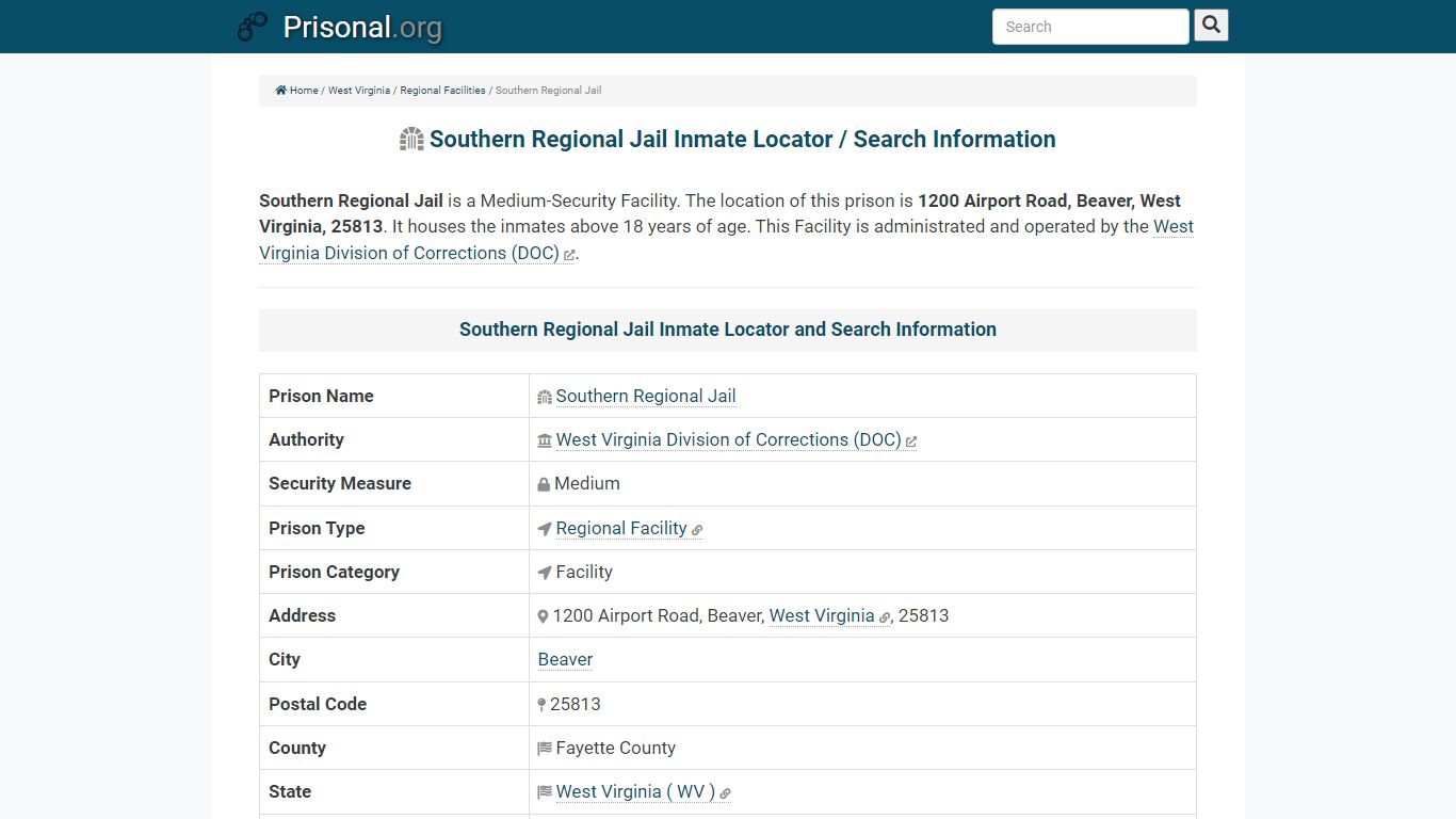 Southern Regional Jail-Inmate Locator/Search Info, Phone ...