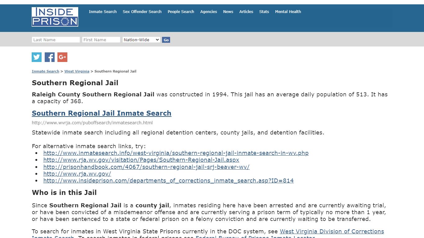 Southern Regional Jail - West Virginia - Inmate Search
